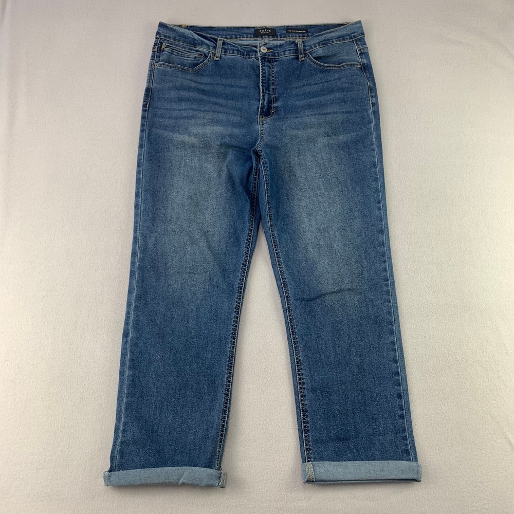 Curve Appeal Mid Rise Straight Jeans Women 14/32 Blue Denim Cuffed Stretch